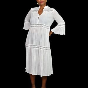 Vintage Crinkled Gauze Dress White Cotton Prairie Victorian Lace Midi Thin Small